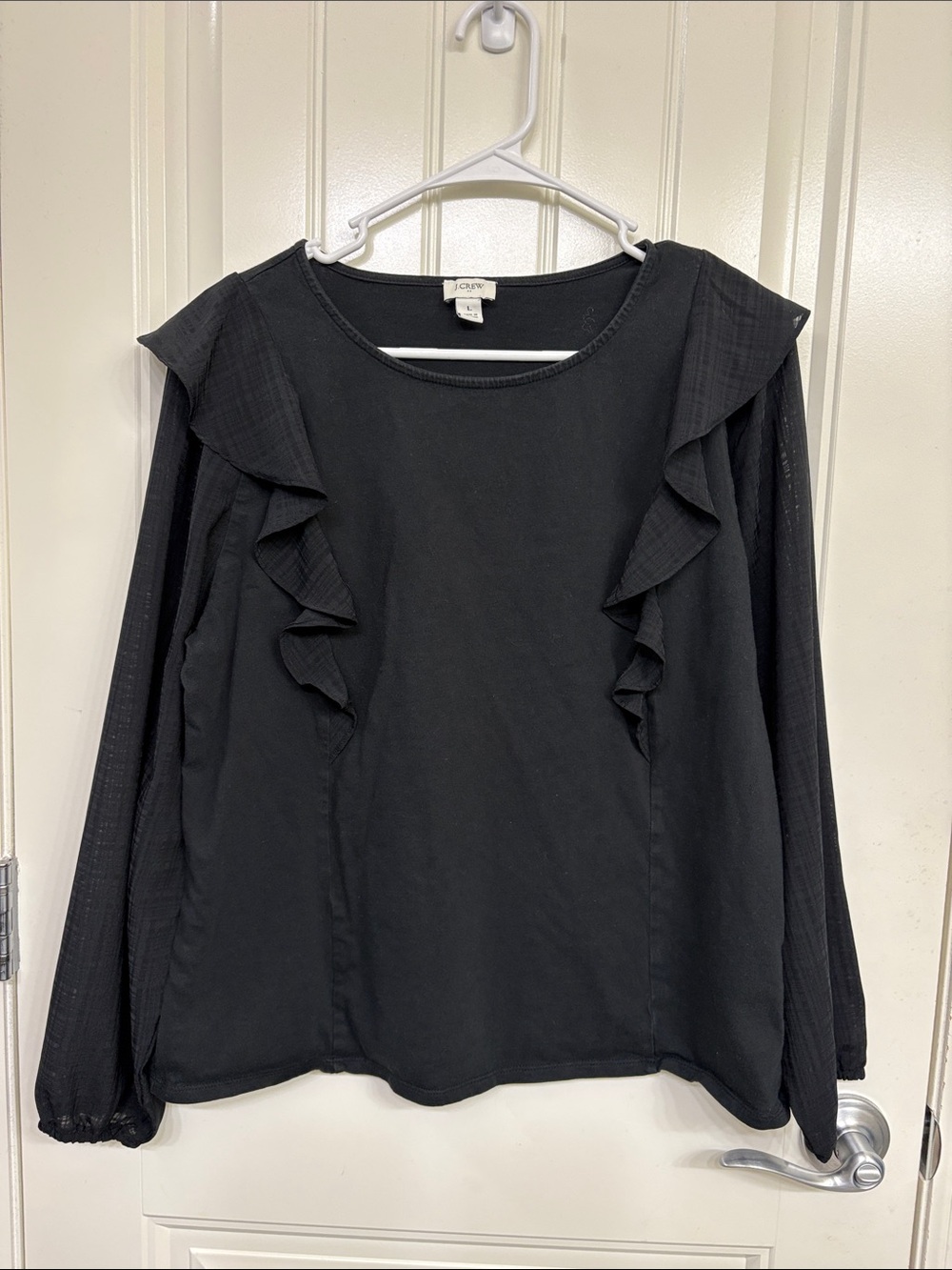 J. Crew Black Ruffle-Trim Long Sleeve Top mixed media - Picture 1 of 8